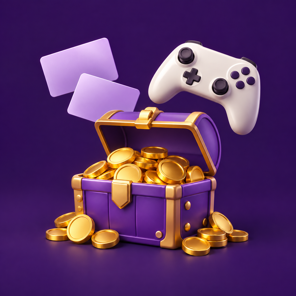 A purple treasure chest filled with gold coins, with a game controller and gift cards